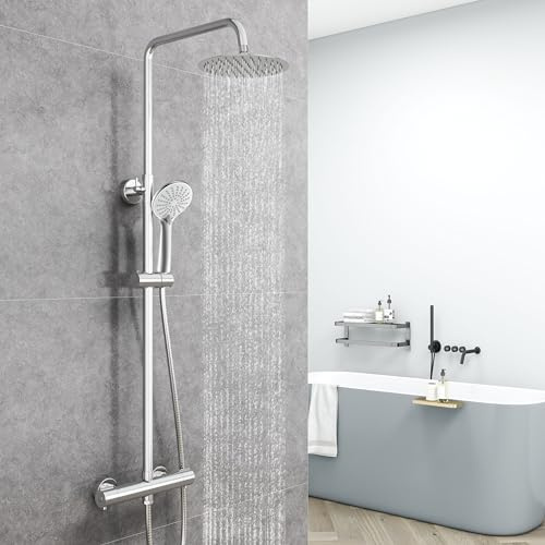 AICA Ensemble de Colonne de Douche Thermostatique pour Salle de Bain, Robinet de Douche Thermostatique, 3 Modes de Pulvérisation, Chromé, Hauteur Réglable 715 mm-1205 mm (rond1, argent)