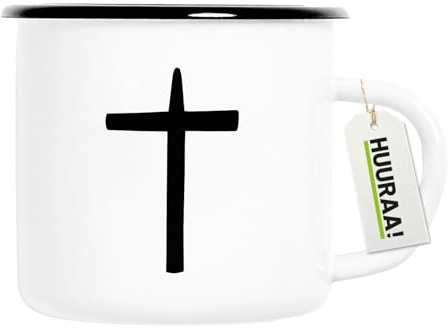 Huuraa Emaille Tasse Kreuz Christentum Geschenk | 300ml Becher Weiß mit Schwarzem Rand Vintage Campingbecher Geschenkidee Kaffeetasse als Wohnwagen Zubehör Campingtasse