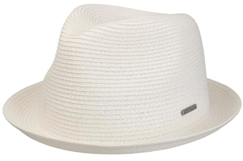 Stetson Dawson Black Player Sonnenhut Damen Herren UV-Schutz 40 Strandhut Papierstroh Porkpie Markenemblem Fedora Frühjahr Sommer weiß XL (60-61 cm)