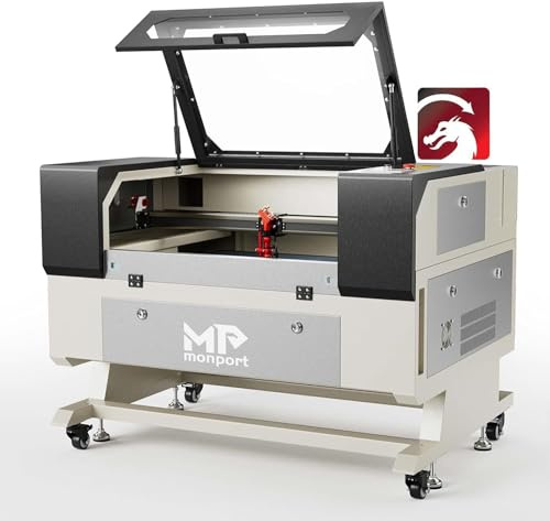 Monport 60W CO2 Laser Graviermaschine, 700x500mm Kommerzielle Lasergravierer Gravurmaschine mit Präzision Autofokus Ruida Kontrolle Integrierter Auspuff, CO2 Laser Cutter für Metall Silver Holz Leder