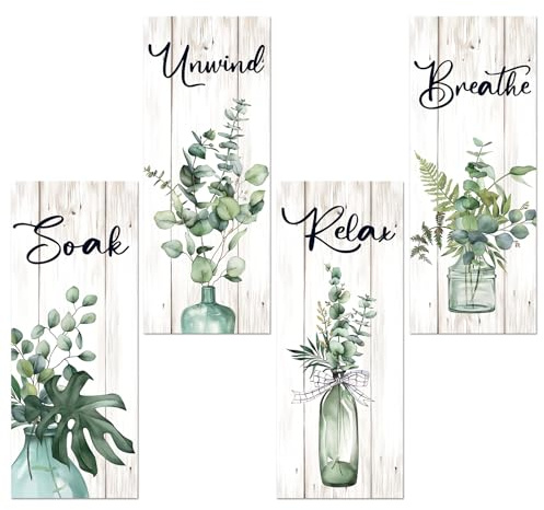 Arquiel 4Pcs Boho Plants Wooden Wall Art Decor Green Leaves Wood Wall Hangings Rustic Laundry Wooden Plaque Bathroom Living Room Bedroom Wall Decor (W: 11.8inches/30cm)