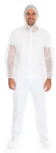 FRANZ MENSCH 100 Stück Hygonorm Overalls Eco mit Kapuze | PP, white, 4XL, L: 190cm, Umfang: 160cm, Box, Einweg Overall mit Kapuze, Chemikalienschutz, Schutzkleidung für Industrie