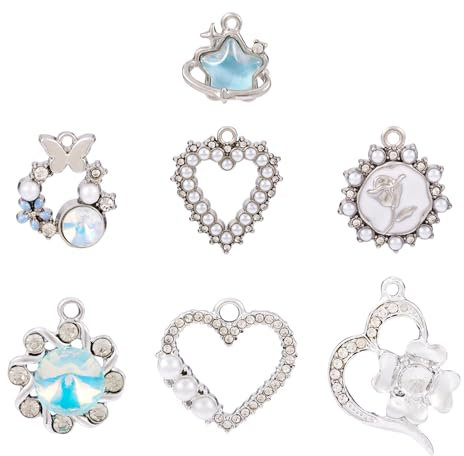 FASHEWELRY 7 Stück Herz-Anhänger aus Metalllegierung, Kristall, Strass, Vintage-Stil, Herz, Blume, Stern, für DIY-Ohrringe, Halsketten, Armbänder, Schmuckherstellung, Bastelbedarf