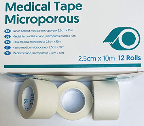 BOX of 12 - 2.5cmX10m, Micropore Surgical Tape, First Aid Medical Tape, Hypoallergenic Microporous Tape, Easy Tear, Strong & Breathable, Comfortable, Multipurpose Tape, White (2.5cmX10m 12 ROLLS)