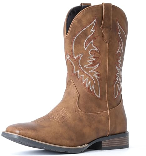 IUV Cowboy Boots For Men Square Toe Western Boot Durable Retro Classic Embroidered Pull On Boot Slip Resistant Country Boots