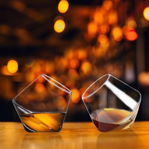 JOYWU Rolling Whiskey Glasses,2 Pcs 300ml Stemless Wine Glasses,Rocking Whiskey Tumbler with Semi-Spherical Base,Bourbon Glasses,Transparent Cocktail Glasses,Home Bar Drinking Tumblers for Men