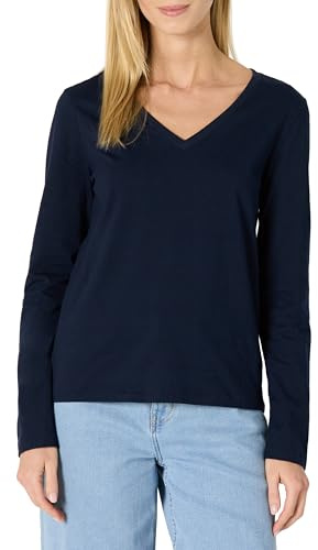 Amazon Essentials Women's 100% Cotton Regular-Fit Long-Sleeve V-Neck T-Shirt, Navy, L