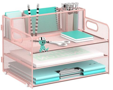 SUPEASY 3-Tier Schreibtisch Organizer mit Griff.3 Stifthalter, Mesh Papier/Datei Organizer für Schreibtisch, Papier Brief Tray Organizer für Bürobedarf, Rosa