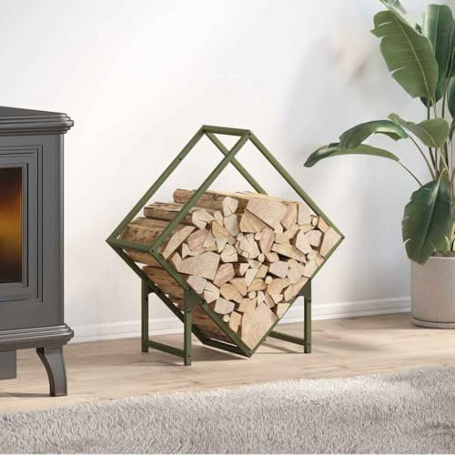 Brokky 864282 Firewood Rack Olive Green 60x25x60 cm Cold-rolled steel Firewood Holders Indoor Wood Stove Outdoor Fireplace Heavy Duty Wood Stacking Wood Storage Kit for Fireplace Tool