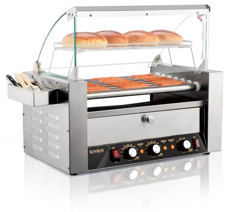 Bonnlo Hot Dog Roller, 1200W 7 Rollers 18 Hot Dogs, Stainless Steel Hot Dog Machine Grill, w/Toast & Bun Warm Drawer, Shelf, Zone Temperature Control, LED Light, Detachable Drip Tray, Food Truck Use