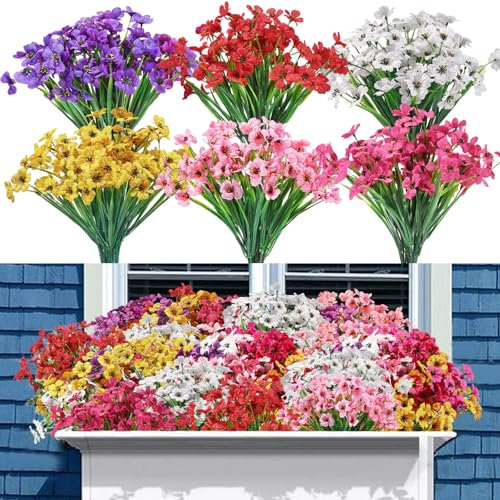 JOLCEEY 18 Bundles Artificial Flowers for Outdoor, 6 Colors No Fade Fake Plastic Faux Silk Flowers UV Resistant Greenery Shrubs Plants for Indoor Outside Garden Porch Hanging Planters Decoration