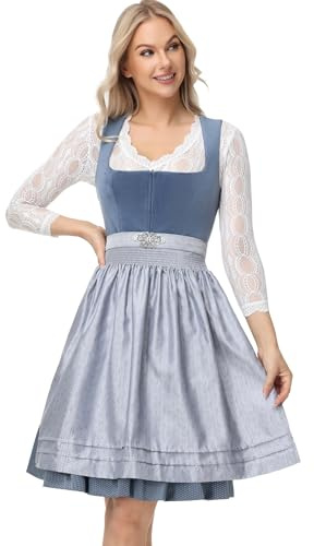 TrendiMax Damen Midi Dirndl - Elegantes Trachtenkleid Samt Dirndlkleid für Oktoberfest mit Dirndlschürze, Grau, 38