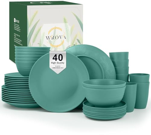 Wrova Service de table en plastique – Service de table 40 pièces réutilisables – Service pour 8 plats en plastique incassable – Assiettes et bols légers – Passe au micro-ondes – Service d'extérieur