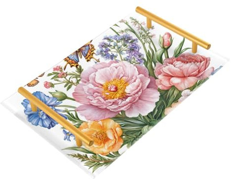 Plateau de table décoratif avec poignées - Motif fleurs rétro avec peinture à l'huile blanche - Plateaux décoratifs pour café, bijoux, parfum pour service de chambre, bandejas decorativas para sala