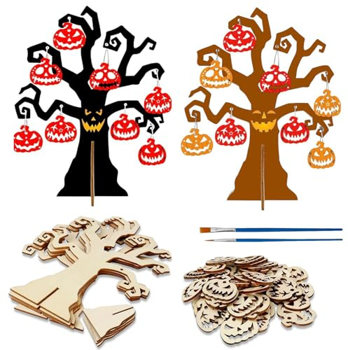 6 Sets Halloween Deko Halloweenbaum Mit Kleiner Kürbis Zum Aufhängen Halloween Totenkopf Kürbis Bemalung Bastelset 3D Holz Bastelbaum Passend Für Halloween Geburtstagsparty Kürbis Deko