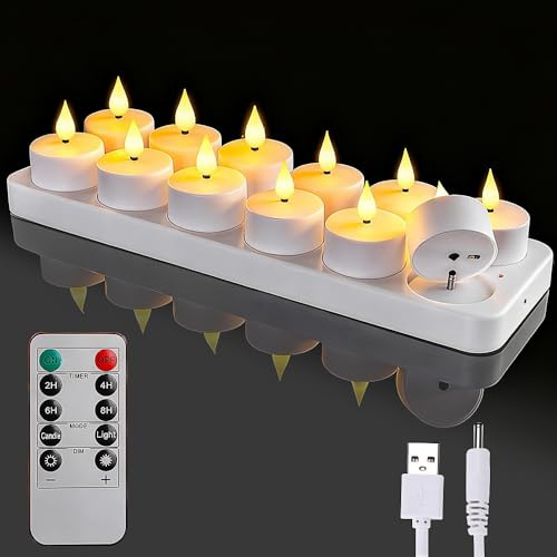 RNPKZ LED Teelichter Wiederaufladbar, 12 Stück Led Teelichter mit Timer und Fernbedienung, Wiederaufladbar Kerzen Flackernd mit Ladestation für Zuhause, Zimmer, Halloween, Weihnachten, Hochzeit Deko