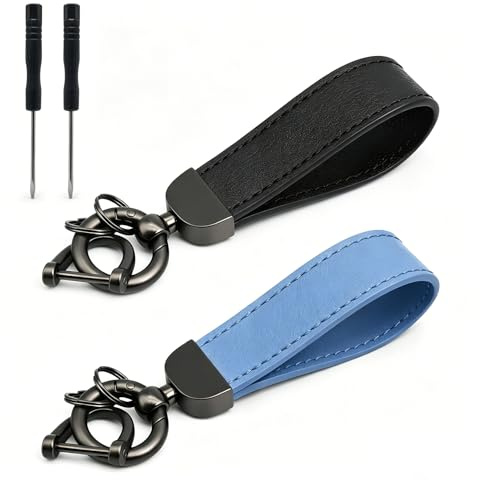 Alyxen 2 Pièces Cuir Porte Clef Voiture, Porte Clé Cuir PU, Car Keychain avec 2 Porte-clés, 1 D-Anneau Anti-Perte et 1 Tournevis, Cadeau pour Homme et Femme, Noir et Marron