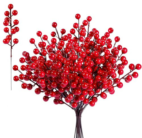 Esshogo 20 pezzi 20,5 cm Bacche rosse artificiali, rami di agrifoglio, bacche di agrifoglio artificiali, bacche di Natale artificiali, rami con bacche