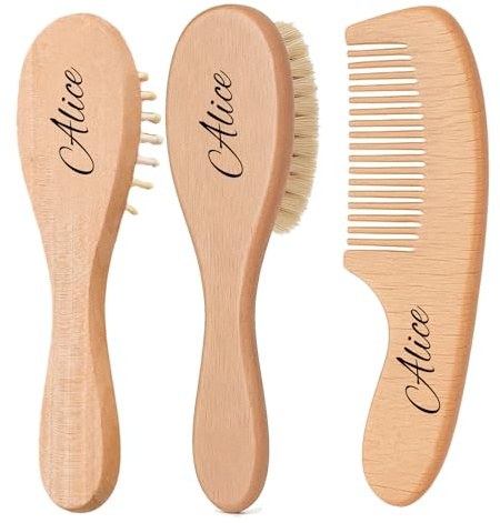 Personalized Wooden Baby Hairbrush Set with Soft Goat Bristles, Customizable Name and any text, Grooming Kit for Cradle Cap Care, Suitable for Wet and Dry Hair (Three-piece set)