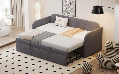 EINHOM Polsterbett Schlafsofa 90/180x190 cm mit Lattenrost, Multifunktionsbett mit vertikalen Streifen und Breiteren, Dickeren Armlehnen, Leinenstoff Grau (ohne Matratze)