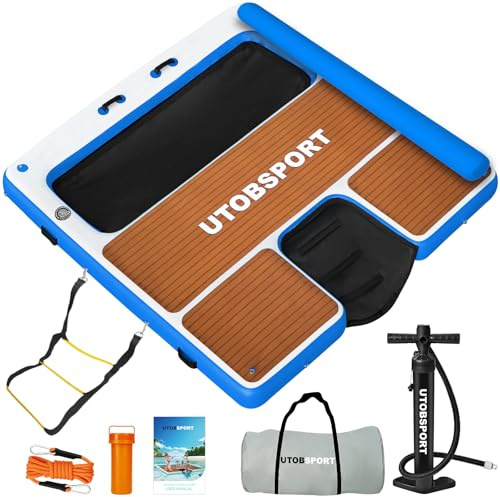 Inflatable Floating Dock 10X10 FT Floating Rafts with Water Ramp & Water Hammock Floating Island/Floating Platform, Wood Grain Non - Slip Surface, Ideal for Pool, Ocean, Lakes (Blue)