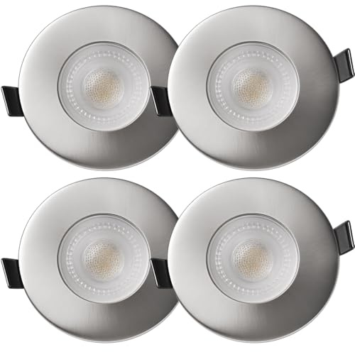 Lichtfaktor24 LED Einbauleuchte IP65 Silber warmweiß Ø88 mm 4,9 W 500 lm Deckenspot Einbaustrahler 115° Abstrahlwinkel Lochausschnitt Ø60-68 mm Feuchtraum geeignet 220–240 V - 4 Stück