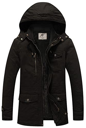 WenVen Men's Classic Cotton Hoodie Jacket Fleece Lining Warm Coat Winter Outdoor Parka Jacket Mid-Length Windproof Outerwear Coat Black L