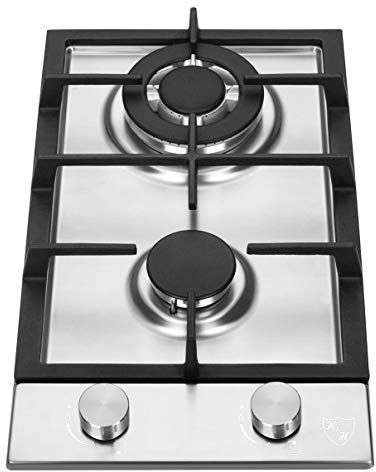 K&H Domino Edelstahl Gaskochfeld 30cm [2 ZONEN] - Gasherdplatte Erdgas - Propangasherd Wok Brenner - 2Z-KHSSW - Autark - Gusseisen Topfträger - Elektronisch - Metall Drehknöpfe - Abschaltautomatik