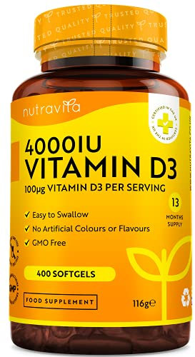 Nutravita Vitamin D3 4000 iu - 400 High Strength Easy to Swallow Premium Softgels - Over A Year's Supply - Max Strength Vitamin D3 Cholecalciferol Supplement - Manufactured in The UK
