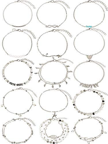 Yaomiao 15 Stücke Boho Fußkettchen Ketten Armbänder Einstellbar Strand Fußkettchen Fußschmuck Set für Damen Mädchen (Silber)