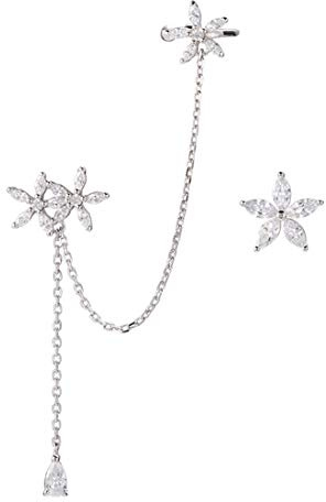 SLUYNZ 925 Sterling Silber Gänseblümchen Manschette Ohrringe Kette für Frauen Teenager Asymmetrische CZ Gänseblümchen Ohrringe Crawler Ohrringe baumelnde Kette