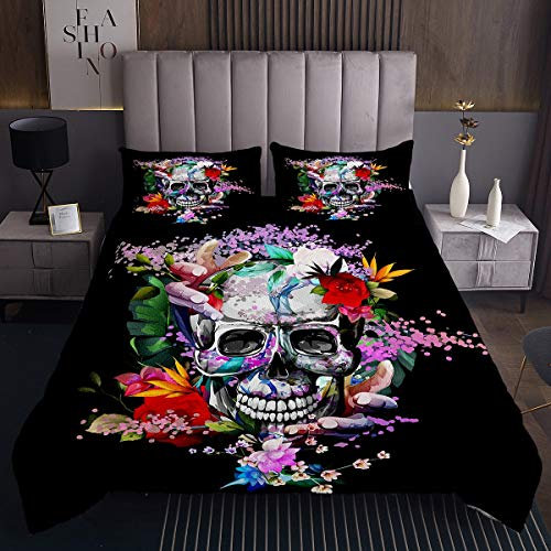 Colcha Acolchada de Calavera Floral, máscara de Baile gótico,de Huesos para niños y niñas, Juego de edredón con Estampado de Calavera 3D, colección de Dormitorio Acolchado de Esqueleto, 3 Unidades de