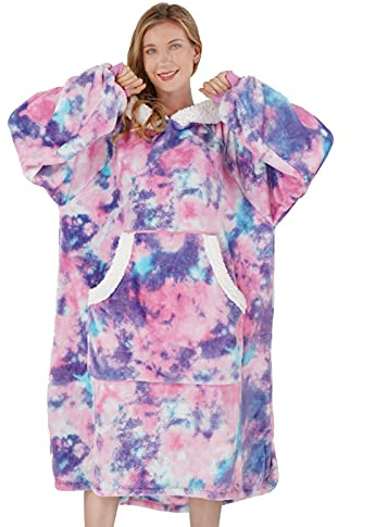 Winthome Överdimensionerad pläd med huva och ärmar, tröjpläd i flanell, gosig tröja för kvinnor, män och vuxna (rosa, en storlek)