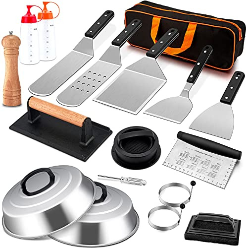 Joyfair Grill-Zubehör-Set (ABS-Griffe), 18-teiliges Grillzubehör-Set aus Edelstahl mit flacher Oberseite, Grillwender, Grillabdeckung, Zerschlag-Burgerpresse für den Außenbereich