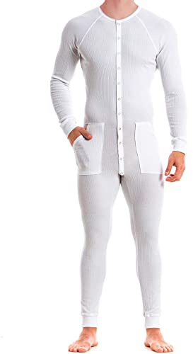 Muscle Alive Uomo Tuta Intera da Manica Lunga Men in Tutina Henley in Cotone Elasticizzato Super Confortevole Bianca S