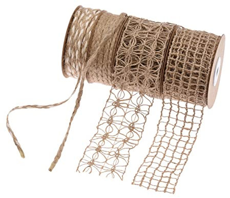 4 Rollen Jutebänder und Jute-Zopfseil, Spitzen-Bastelband, Juteband, Stoffband für Basteln, Verpacken, Geschenke, Party, Urlaub und rustikale Hochzeitsdekorationen