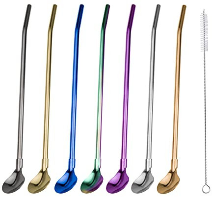 7 Stück Trinkhalmlöffel aus Edelstahl, wiederverwendbarer Strohhalm-Löffel mit 1 Reinigungsbürste (normal)