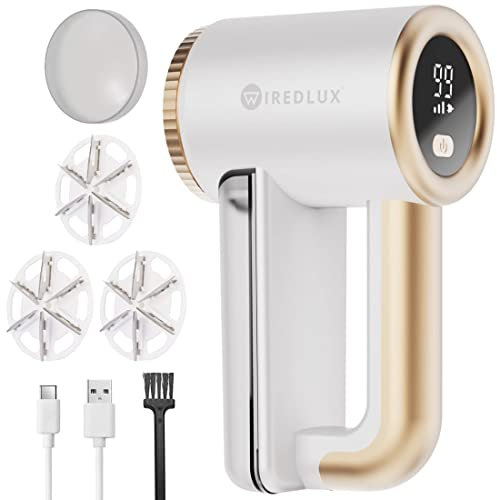 WiredLux - Quitapelusas Eléctrico Recargable para Ropa y Muebles - 3 Velocidades, Cuchilla de 6 Hojas, Pantalla LED, Carga por USB - Quita Bolitas de Pelusa con Doble Protección (Blanco)