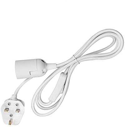 Wowsale Pendant Light Ceiling Lighting Fitting, E27 Lamp Holder Suspended Pendant Light Fitting Kit, 2 Core Gold Fabric Cable Plug with On/Off Switch- UK Plug (White, 3m)