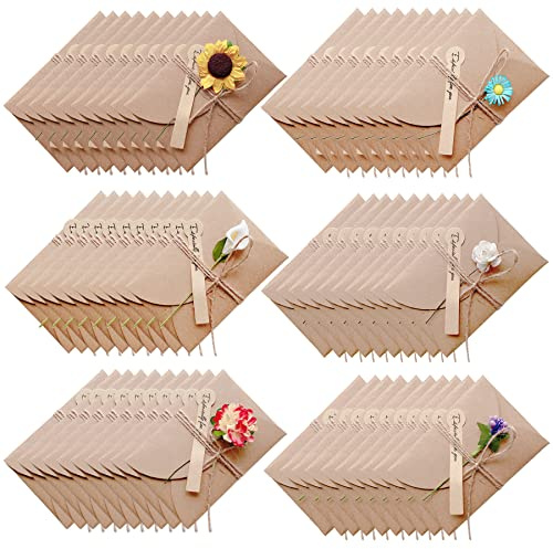 Yayatty 60 PCS Tarjeta de Felicitación Papel Kraft Sobres, Papel Kraft Retro Hecho a Mano, 10,5 x 7,1 CM Flores Secadas Postal Decorada para Navidad, Cumpleaños, San Valentín, Día de La Madre