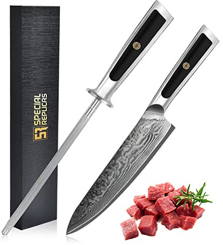 Damast Küchenmesser Scharf (20 cm) mit Diamant Messerschärfer - Damastmesser - Kochmesser Profi Messer - 67 Lagen Damaststahl - Japanisches Messer, Schneidemesser mit Geschenkbox - Chef Knife