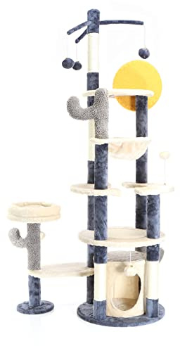 Fudajo Kratzbaum im Kaktusdesign Dunkelgrau 172 cm, Katzenkratzbaum mit Katzenhaus u. Liegemulde, Katzenbaum mit Sisal, Katzenmöbel mit Spielbälle
