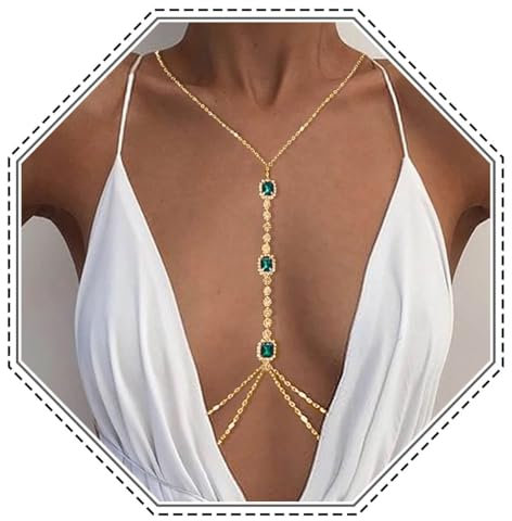 Jovono Boho-Strass-Körperkette, mehrlagig, Kristall-BH-Kette, Sommer, Strand, Bikini, Rave-Party, Bauch, Körperschmuck für Frauen und Mädchen (Gold)