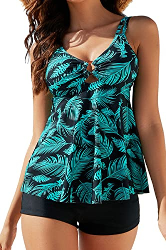 Viloree Baddräkt för kvinnor 2 delar push up tankini topp shorts set tvådelade badkläder sport pool strand simning, gröna löv, XL