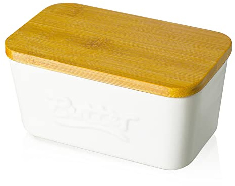 Butterdose Porzellan, Candiicap Butterschale mit Holzdeckel, Keramik Butterhalter für Butteraufbewahrung und Heimküchendekoration. (Matt Weiß)
