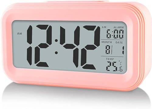 Hiseeyo Aufgerüsteter Digitaler Wecker, 4.3 LED-anzeige Mit Temperatur Größerer Lound Light Control Portable Snooze Kalender Helligkeit Mit Batteriebetriebenen Wecker Nachttisch (rosa)