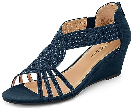 PIZZ ANNU Womens Sandals Mid Wedge Heel Sparkly Glitter Shoes for Ladies Strappy Rhinestones Bridal Wedding Prom Party Navy Size 7