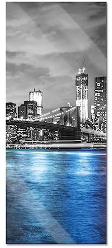 Pixxprint Glasbild Panorama, Wandbild aus Echtglas, New York Skyline am Abend schwarz/weiß, 120x50 cm, inkl. Aufhängung und Abstandshalter