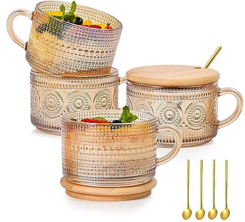 TIMIFTE Vintage Coffee Mugs Set of 4 Embossed Tea Cups, Overnight Oats Containers with Bamboo Lids and Spoons, 14oz Glass Coffee Cups for Cappuccino, Latte, Cereal, Yogurt, Beverage, Amber