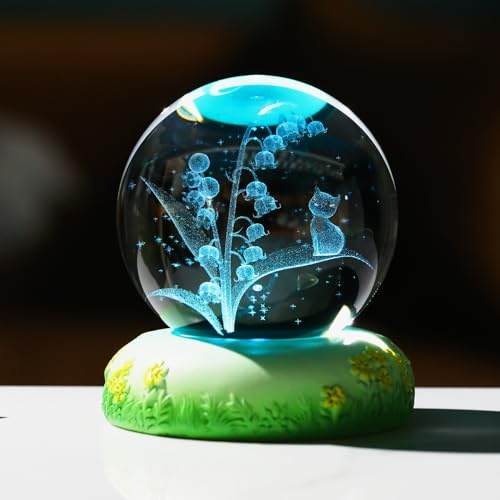 Ornalrist 60mm Crystal Ball 3D Cat Lily Figurine Gifts for Women Cat Lovers | LED Colorful Base, Glass Animal Art Sphere for Animal Lovers, Collectable Keepsake for Him Her, Cat Ornament Gifts for Girls